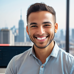 **

A web developer smiling, surrounded by neatly organized design system components (buttons, input fields, color swatches), showcasing increased efficiency. The background features a blurred cityscape representing modern web development. Focus on clean, modern design elements and a positive, productive atmosphere.

**