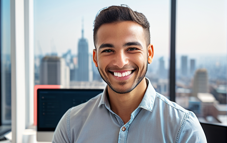 **

A web developer smiling, surrounded by neatly organized design system components (buttons, input fields, color swatches), showcasing increased efficiency. The background features a blurred cityscape representing modern web development. Focus on clean, modern design elements and a positive, productive atmosphere.

**