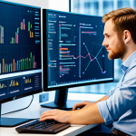 A professional software developer, fully clothed in modest business casual attire, seated at a desk in a sleek, modern tech office. Multiple large monitors display abstract serverless architecture diagrams and clean code. The scene emphasizes innovation, developer agility, and efficient cloud deployment. Natural pose, perfect anatomy, correct proportions, well-formed hands, proper finger count. Professional photography, high resolution, soft lighting, clean aesthetic. Safe for work, appropriate content, family-friendly.