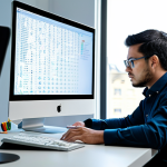A focused male professional developer, in a modest business casual shirt, sitting at a clean desk in a modern, well-lit office. He is intently looking at a computer monitor displaying intricate code and a debugger interface, with data visualizations and lines of code. The environment is tidy and reflects a productive atmosphere. The subject is fully clothed, in appropriate attire, safe for work, perfect anatomy, correct proportions, natural pose, well-formed hands, proper finger count, natural body proportions, professional photography, high quality, appropriate content, family-friendly.