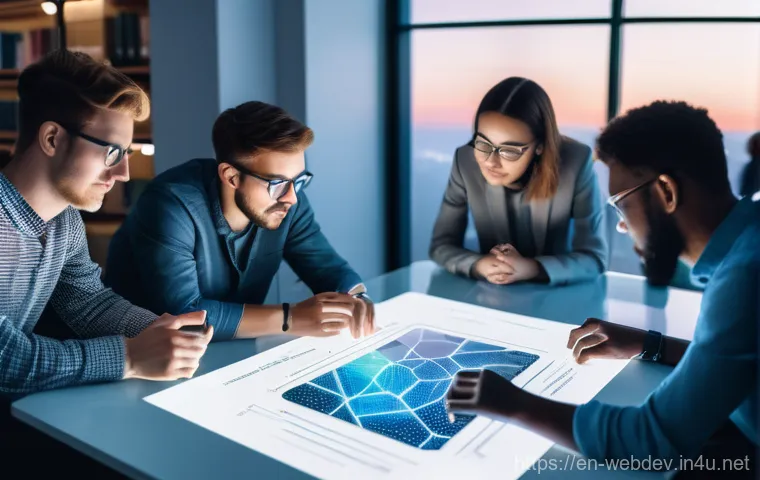 웹개발자 라이브러리 관리 - **Prompt:** A dynamic and slightly surreal overhead view of a diverse group of software developers (...