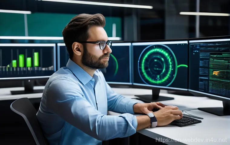 웹개발자 효율적인 개발 도구 - **Prompt:** "A diverse group of four software developers (two men, two women, various ethnicities, a...