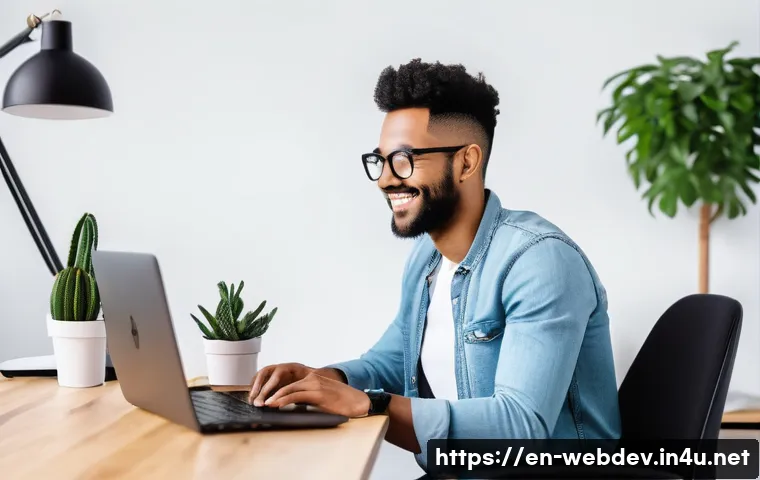 웹개발자 취업 정보 사이트 - **Prompt:** A young, diverse web developer in a modern, brightly lit home office. They are seated co...