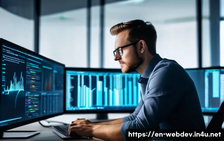 웹개발자 코드 분석 - **Prompt:** A highly focused software engineer, mid-30s, working in a modern, well-lit office enviro...