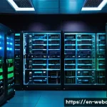 Home 23 웹개발자 서버 사이드 개발 - A modern server room filled with sleek black racks of servers glowing with blue and green LED lights...