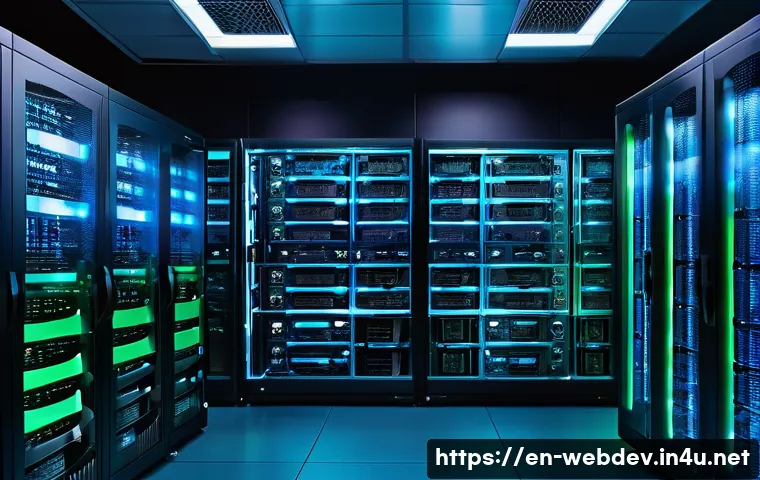 웹개발자 서버 사이드 개발 - A modern server room filled with sleek black racks of servers glowing with blue and green LED lights...
