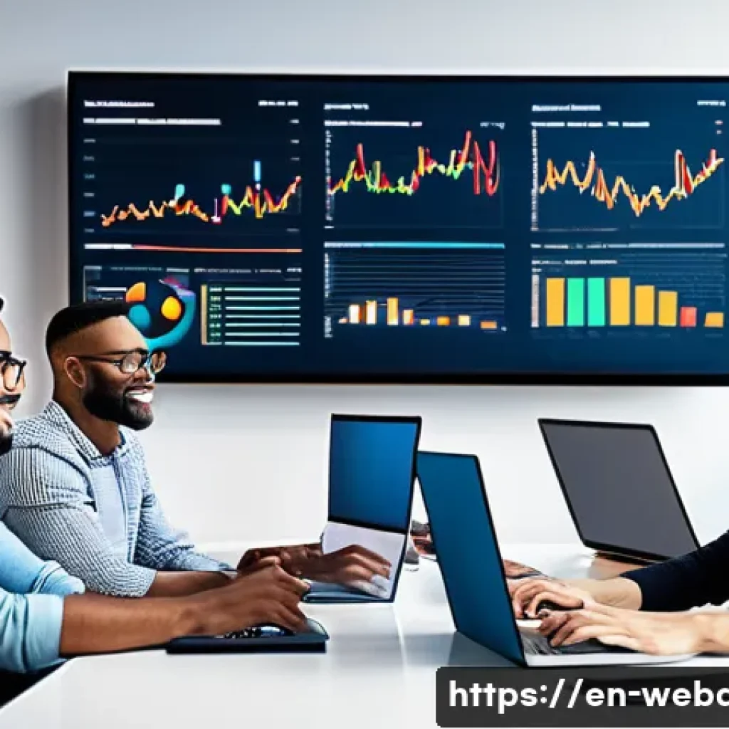 웹개발자 대기업 연봉 - A modern office scene showing diverse web developers collaborating around a large table with laptops...