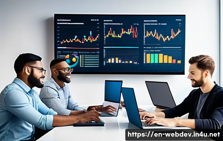 웹개발자 대기업 연봉 - A modern office scene showing diverse web developers collaborating around a large table with laptops...