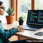 웹개발자 연봉 상승 전략 - A modern tech professional workspace featuring a mid-level web developer coding on a sleek laptop wi...