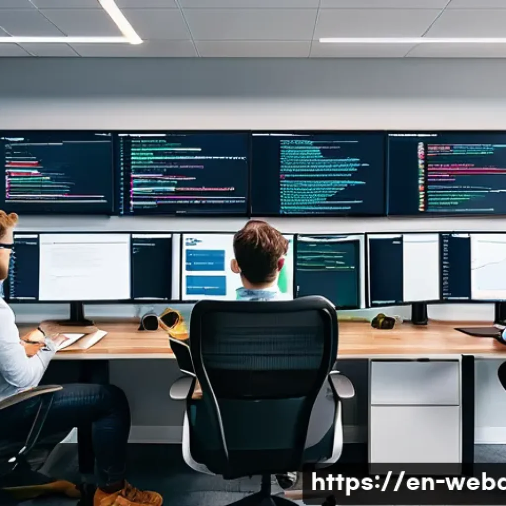 웹개발자 DevOps 트렌드 - A modern DevOps team collaborating in a bright, open office space filled with multiple large monitor...