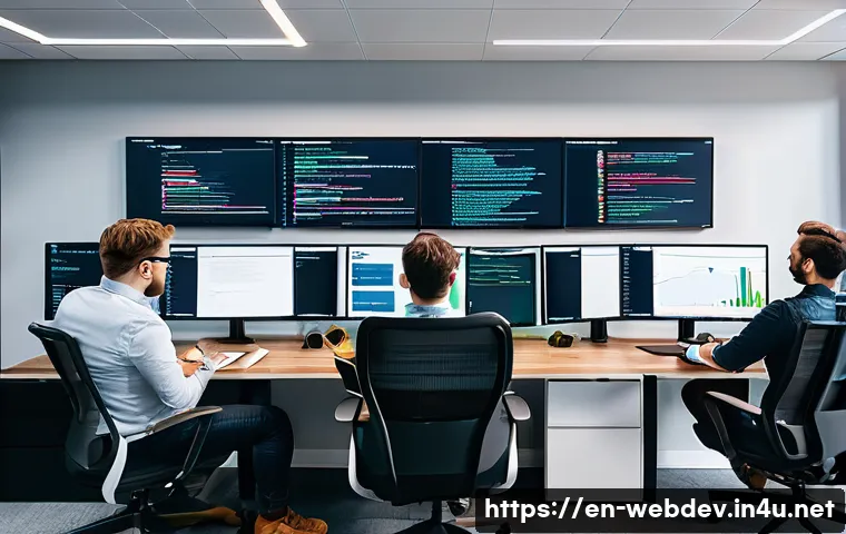 웹개발자 DevOps 트렌드 - A modern DevOps team collaborating in a bright, open office space filled with multiple large monitor...