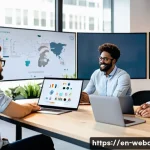 웹개발자 해외 취업 전략 - A professional workspace scene featuring a diverse international tech team collaborating remotely vi...