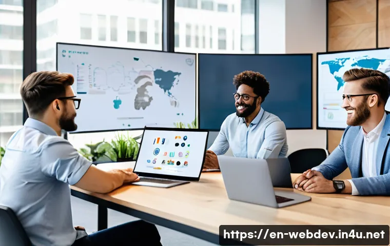 웹개발자 해외 취업 전략 - A professional workspace scene featuring a diverse international tech team collaborating remotely vi...