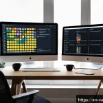 웹개발자 시간 관리 팁 - A modern home office workspace featuring a focused web developer using a large dual-monitor setup wi...