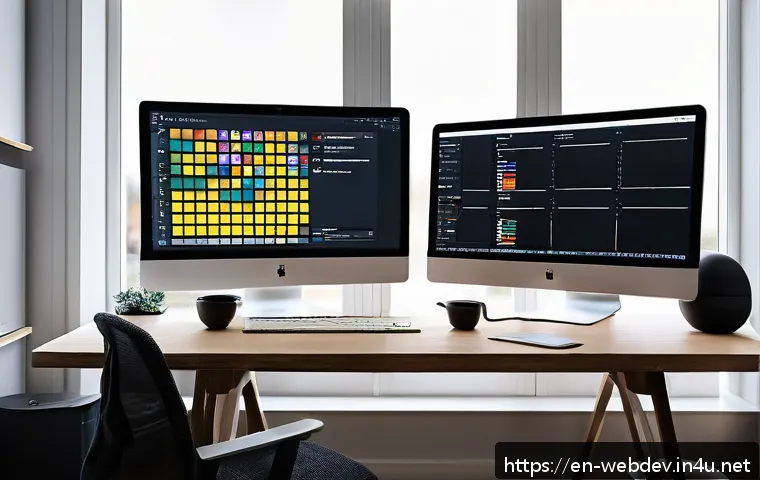 웹개발자 시간 관리 팁 - A modern home office workspace featuring a focused web developer using a large dual-monitor setup wi...