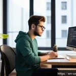 웹개발자 자격증 난이도 - A modern web developer workspace showing a young adult focused on coding JavaScript on dual monitors...