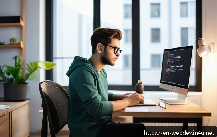 웹개발자 자격증 난이도 - A modern web developer workspace showing a young adult focused on coding JavaScript on dual monitors...