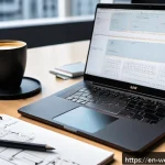 웹개발자 실전 예제 코드 - A modern web developer's workspace featuring a sleek laptop displaying code with JavaScript and CSS ...