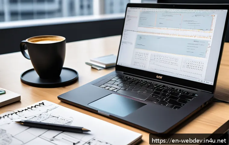 웹개발자 실전 예제 코드 - A modern web developer's workspace featuring a sleek laptop displaying code with JavaScript and CSS ...