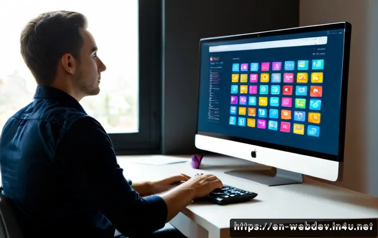 Home 17 웹개발자 RESTful API 설계 - Photorealistic modern software developer workspace, a focused web developer seated at a clean desk v...